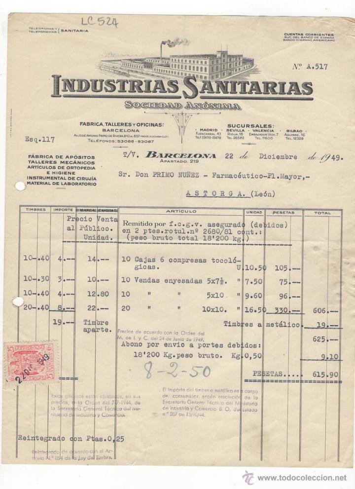 Facturas antiguas: FACTURA.INDUSTRIAS SANITARIAS,S.A.,BARCELONA,1949.