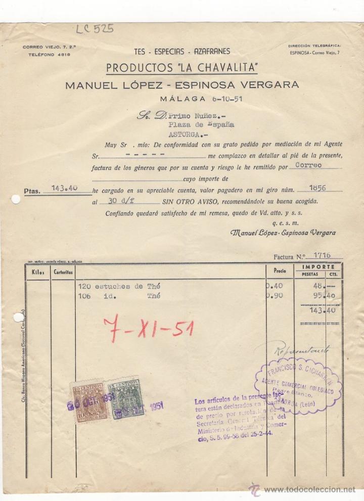 Facturas antiguas: FACTURA.PRODUCTOS LA CHAVALITA.MANUEL LOPEZ-ESPINOSA VERGARA.MALAGA,1951.