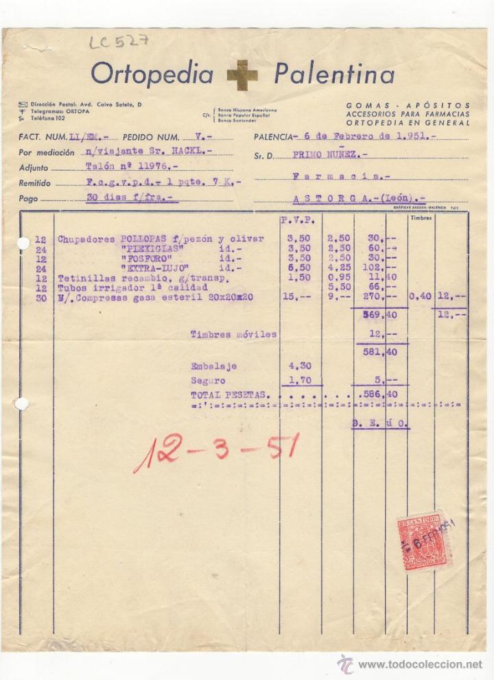 Facturas antiguas: FACTURA.ORTO- DUERO.FARMACIA.LEON,1951.