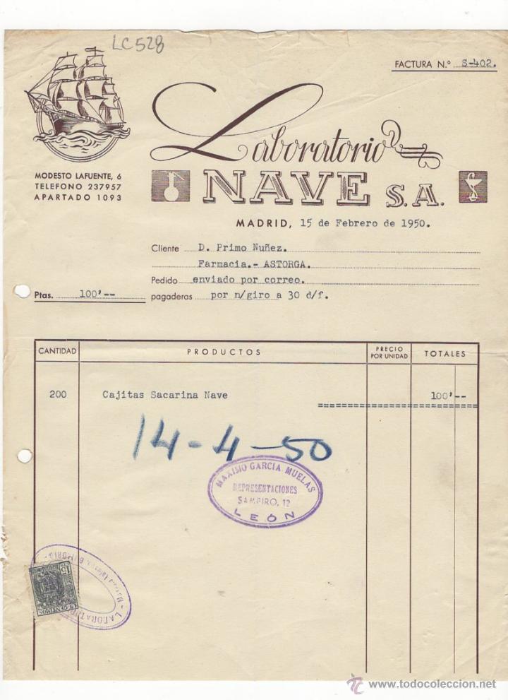 Facturas antiguas: FACTURA.LABORATORIO NAVE ,S.A. MADRID 1950.