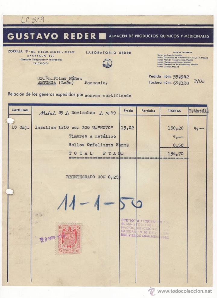 Facturas antiguas: FACTURA.GUSTAVO REDER.ALMACEN DE PRODUCTOS QUIMICOS.LEON,1949.