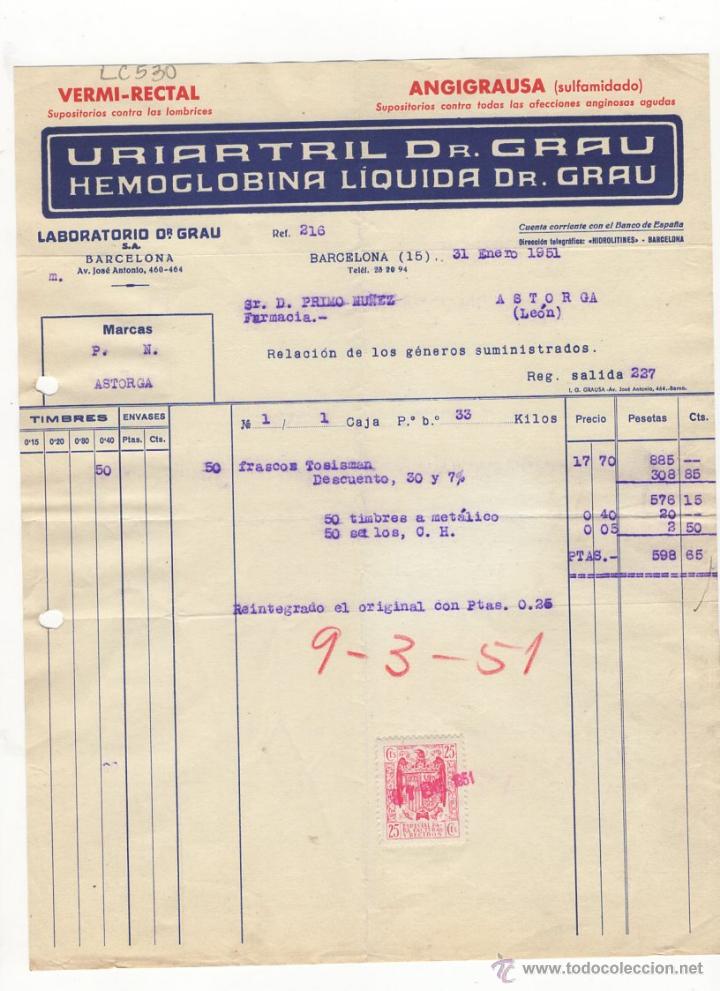 Facturas antiguas: FACTURA.LABORATORIO DR.GRAU.BARCELONA,1951.