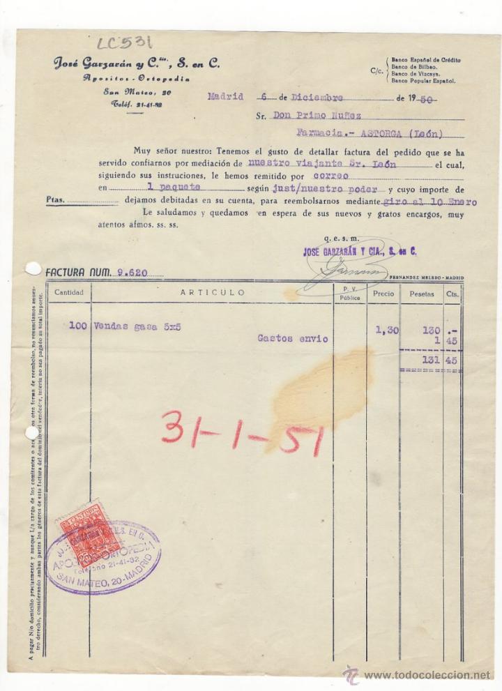 Facturas antiguas: FACTURA.JOSE GARZARAN Y C,S,EN C.APOSITOS-ORTOPEDIA.MADRID ,1950.