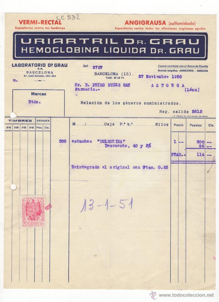 Facturas antiguas: FACTURA.LABORATORIO DR.GRAU.BARCELONA,1950.