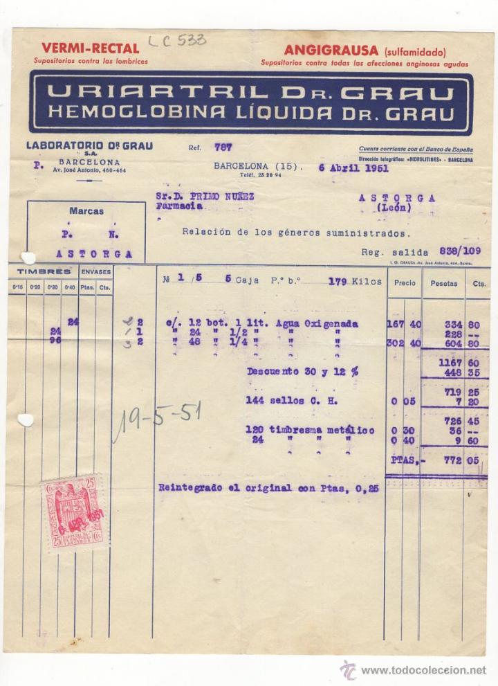 Facturas antiguas: FACTURA.LABORATORIO DR.GRAU.BARCELONA,1951.