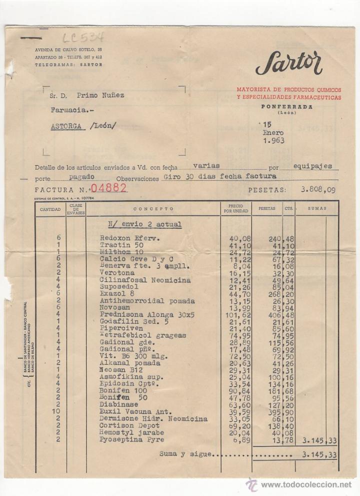 Facturas antiguas: FACTURA.SARTOR.FARMACIA.ASTORGA ,1963.