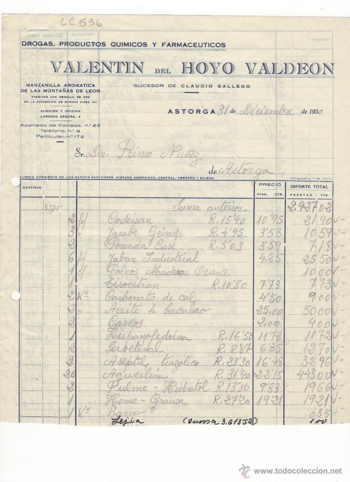 Facturas antiguas: FACTURA.VALENTIN DEL HOYO VALDEON.FARMACIA,ASTORGA,1950.