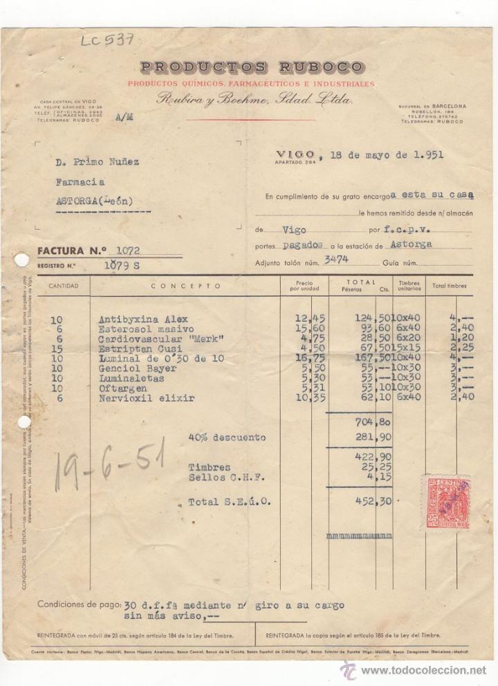 Facturas antiguas: FACTURA.PRODUCTOS RUBOCO.FARMACIA,ASTORGA,1951.