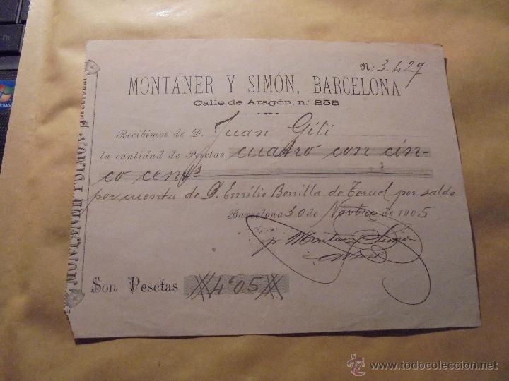 Facturas antiguas: BARCELONA - 1905 ANTIGUA FACTURA , MONTANER T SIM&Oacute;N C. ARAGON N&ordm; 255 BARCELONA