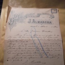 Facturas antiguas: JÁTIVA 1900 - ANTIGUA FACTURA , FARMACIA Y LABORATORIO DE J. ALMARCHA - 27,5X21 CM. 
