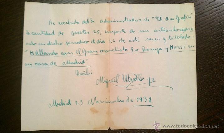 Facturas antiguas: 1931 RECIBO ENTREVISTA MIGUEL UTRILLA PARA DIA GRAFICO A PIO BAROJA PERIODISMO