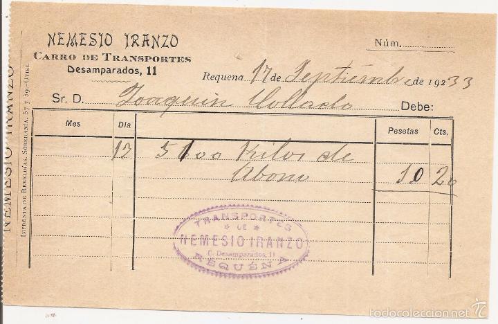 Facturas antiguas: Requena. Transportes. 1933 - Foto 1