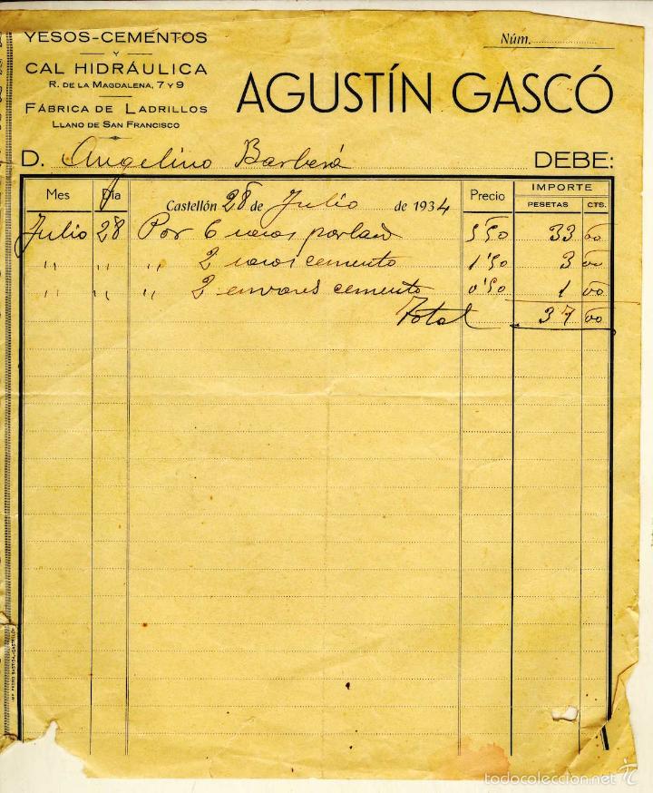 Facturas antiguas: FACTURA DE AGUSTIN GASC&Oacute;  YESOS Y CEMENTOS  LLANO DE SAN FRANCISCO CASTELLON