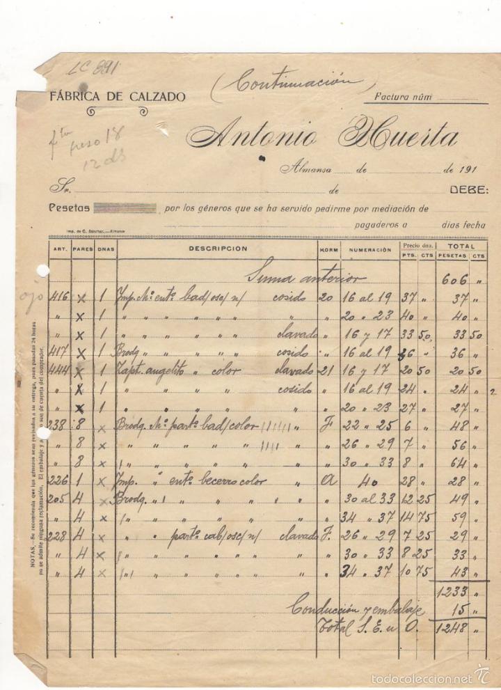 Old Invoices: FACTURA. ANTONIO HUERTA, FABRICA DE CALZADO, ALMANSA.