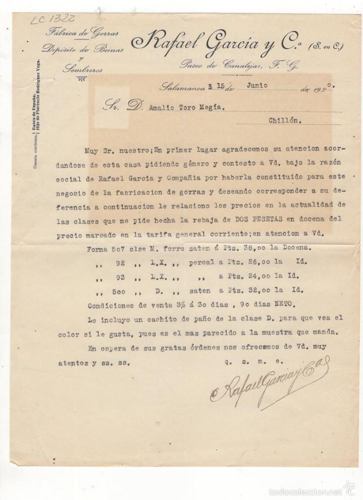 Old Invoices: FACTURA. RAFAEL GARCIA, FABRICA DE GORRAS,BOINAS Y SOMBREROS, SALAMANCA, 1920.