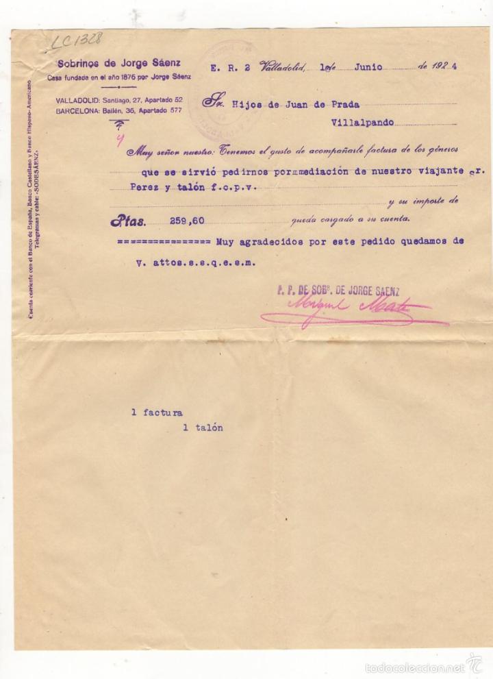 Old Invoices: FACTURA. SOBRINOS DE JORGE SAENZ, ALMACENES POR MAYOR, VALLADOLID, 1924.