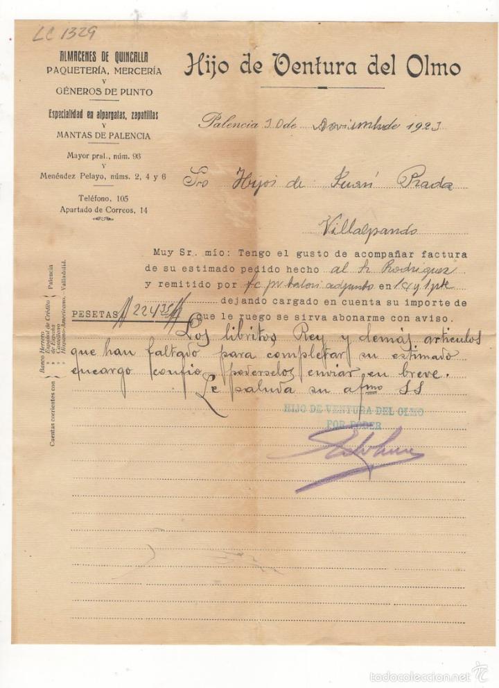 Old Invoices: FACTURA. HIJO DE VENTURA DEL OLMO, ALMACENES POR MAYOR, PALENCIA, 1923.