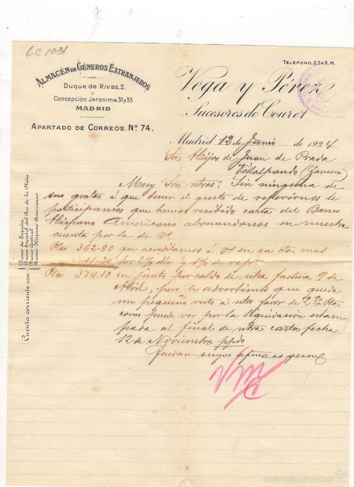 Old Invoices: FACTURA. VEGA Y PEREZ, SUCESORES DE COURET, ALMACEN DE GENEROS EXTRANJEROS, MADRID, 1924