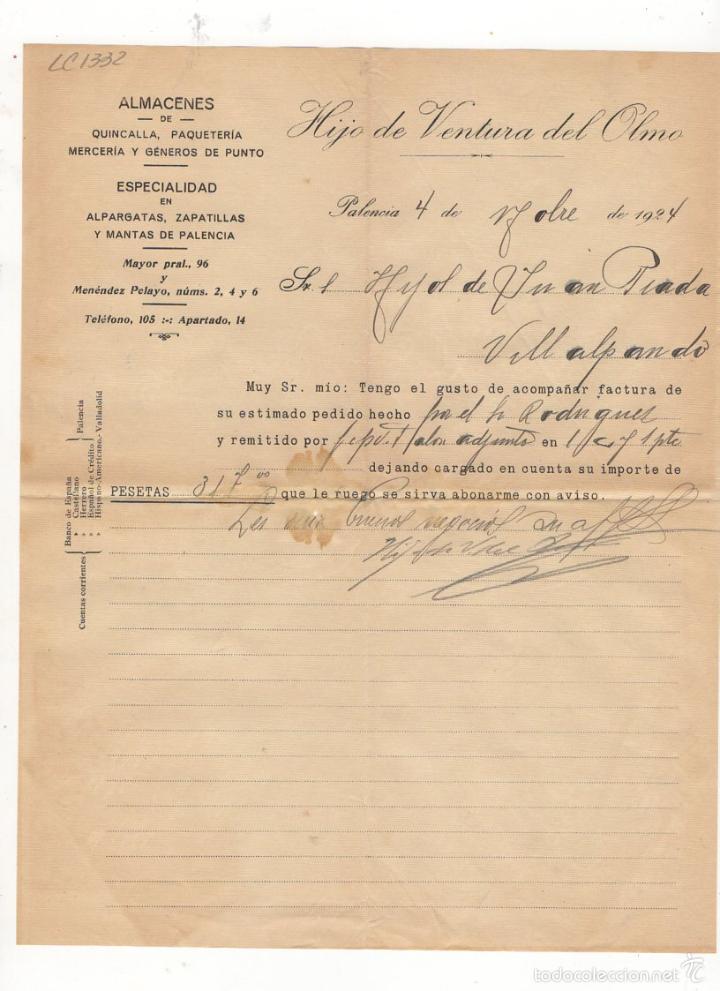 Old Invoices: FACTURA. HIJO DE VENTURA DEL OLMO, ALMACENES POR MAYOR, PALENCIA, 1924.