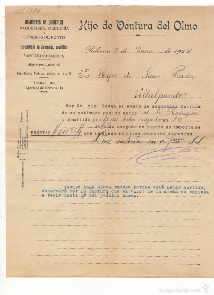 Old Invoices: FACTURA. HIJO DE VENTURA DEL OLMO, ALMACENES POR MAYOR, PALENCIA, 1924.