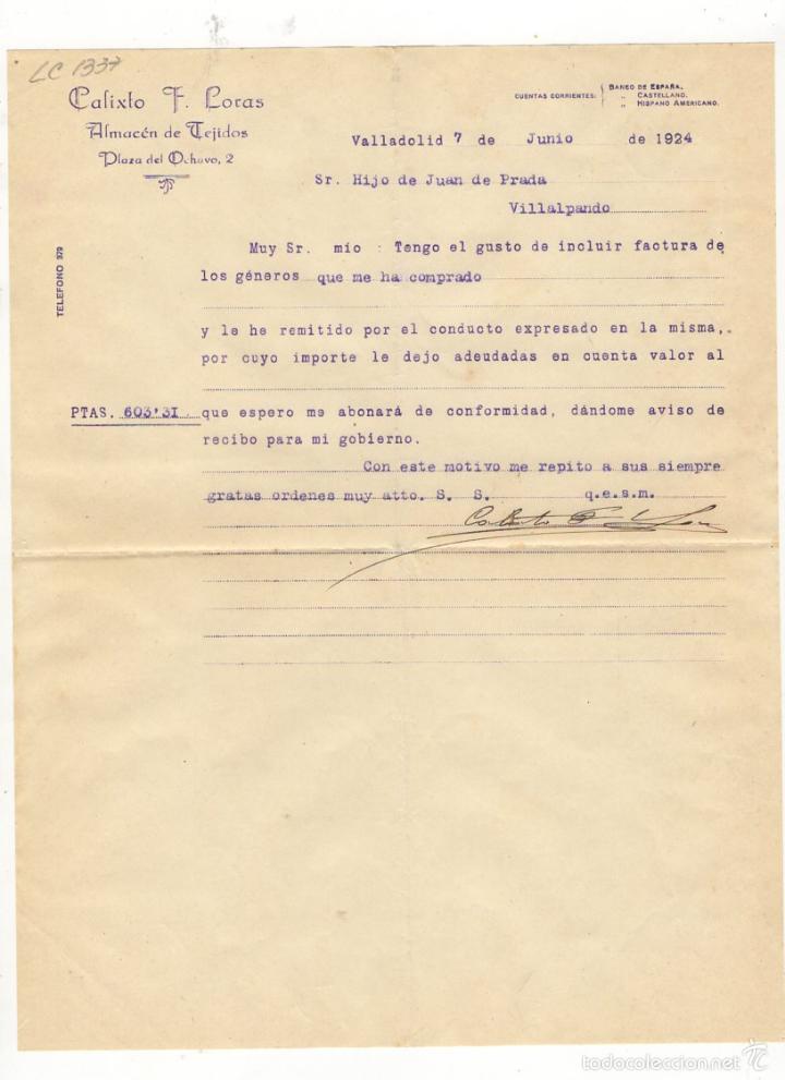 Old Invoices: FACTURA. CALIXTO F. LORAS, ALMACEN DE TEJIDOS, VALLADOLID, 1924.