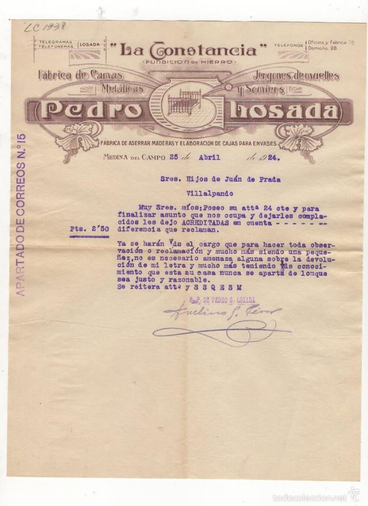 Old Invoices: FACTURA. PEDRO LOSADA, &acute;&acute;LA CONSTANCIA&acute;&acute;, FUNDICION DE HIERRO, MEDINA DEL CAMPO, 1924.