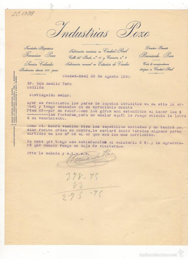 Old Invoices: FACTURA. INDUSTRIAS POZO, FRANCISCO Y BERNARDO POZO, CIUDAD REAL, 1920.