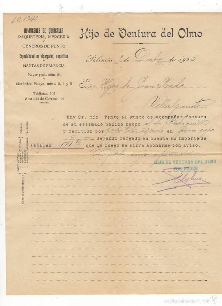 Old Invoices: FACTURA. HIJO DE VENTURA DEL OLMO, ALMACENES POR MAYOR, PALENCIA, 1924.