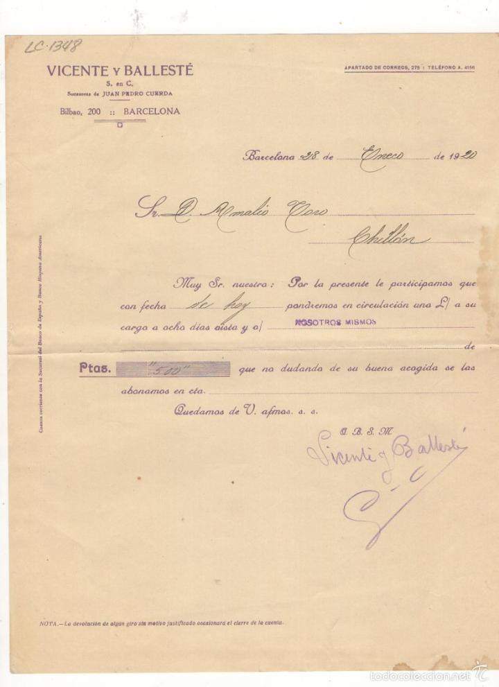 Old Invoices: FACTURA. VICENTE Y BALLESTE, BARCELONA, 1920.