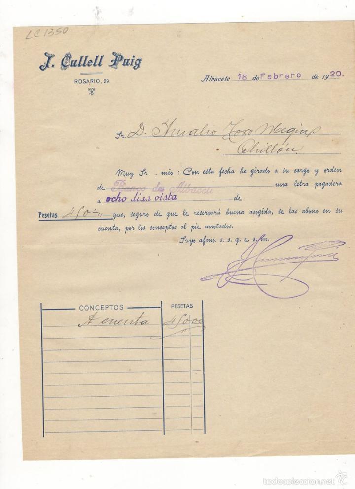 Old Invoices: FACTURA. J. CULLELL PUIG, ALBACETE, 1920.