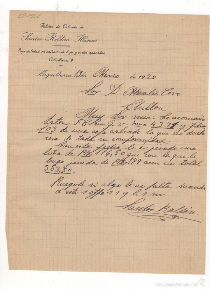 Old Invoices: FACTURA. SANTOS ROLDAN MESCAS, ESPECIALIDAD EN CALZADO DE LUJO, MIGUELTURRA, 1920.