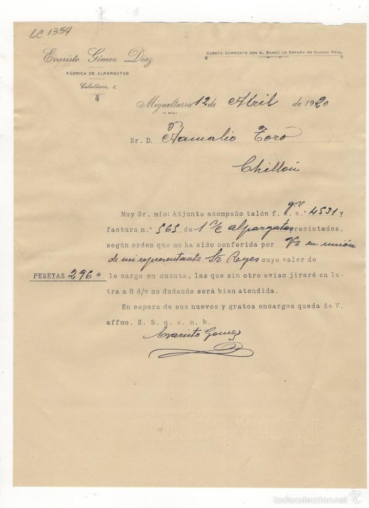 Old Invoices: FACTURA. EVARISTO GOMEZ DIAZ, FABRICA DE ALPARGATAS, MIGUELTURRA, 1920.