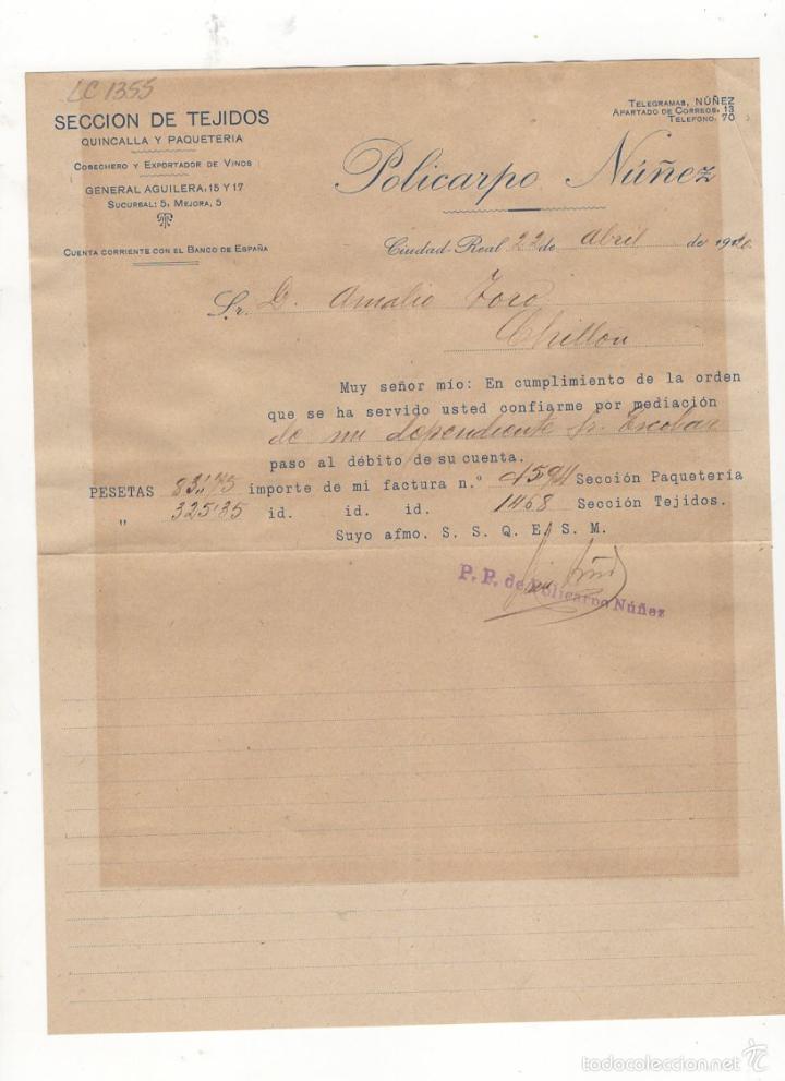 Old Invoices: FACTURA. POLICARPO NU&Ntilde;EZ, SECCION DE TEJIDOS, QUINCALLA Y PAQUETERIA, CIUDAD REAL, 1920.