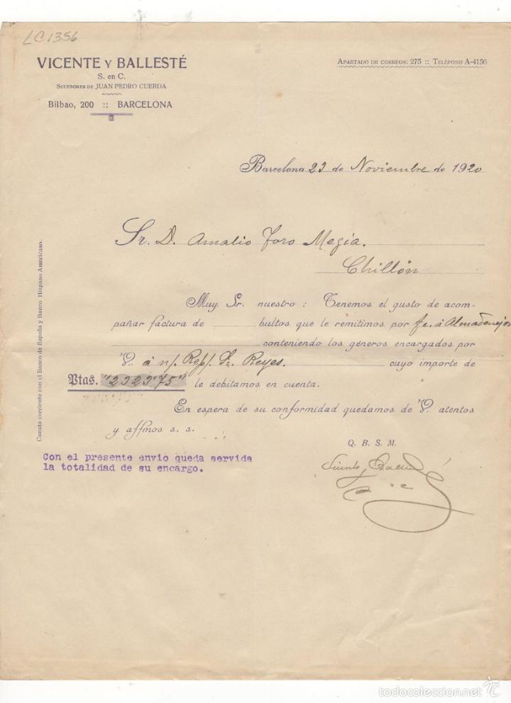Old Invoices: FACTURA. VICENTE Y BALLESTE, BARCELONA, 1920.