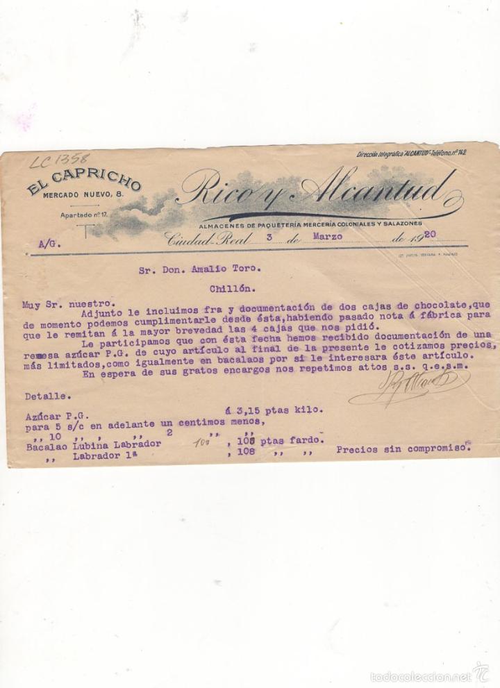 Old Invoices: FACTURA. RICO Y ALCANTUD,ALMACENES DE PAQUETERIA, MERCERIA Y SALAZONES, CIUDAD REAL,1920