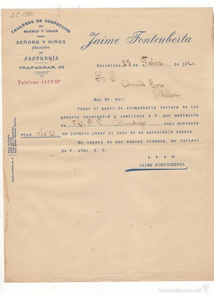 Old Invoices: FACTURA. JAIME FONTCUBERTA, TALLERES DE CONFECCION Y SASTRERIA, BARCELONA, 1920.