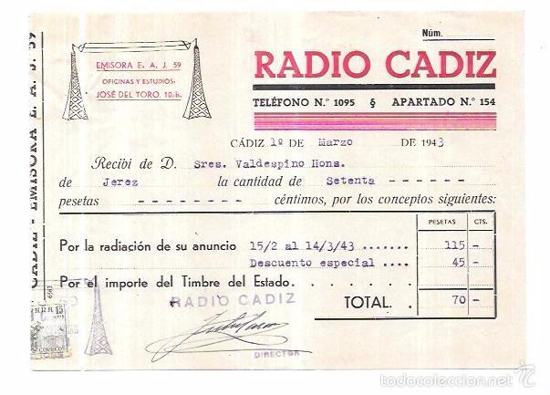 Old Invoices: FACTURA DE RADIO CADIZ. EMISORAS E. A. J. 59. A&Ntilde;O 1943.