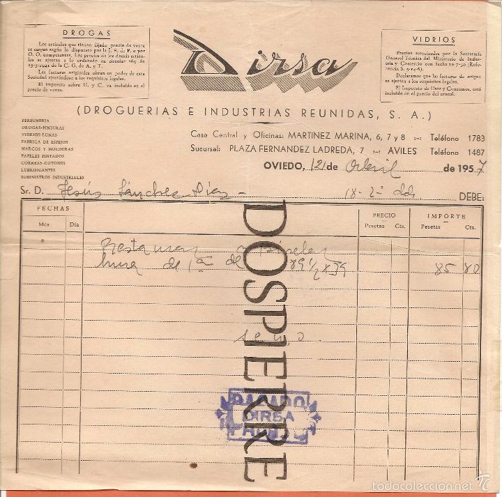 Facturas antiguas: FACTURA, DIRSA, DOGRER&Iacute;AS E INDUSTRIAS REUNIDAS, OVIEDO, 1957
