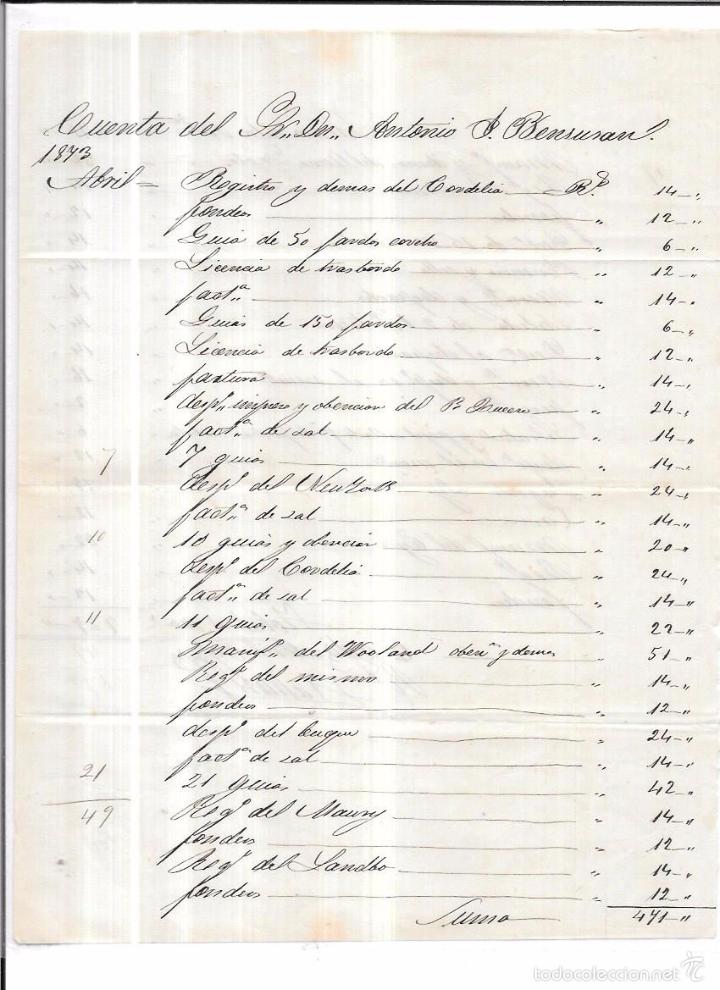 Factures anciennes: CADIZ. 1873. FACTURA MANUSCRITA DE MERCADER&Iacute;A.