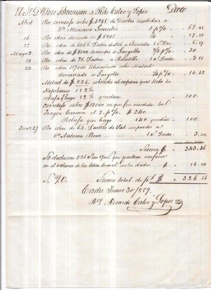 Factures anciennes: CADIZ. 1859. FACTURA MANUSCRITA DE MERCADER&Iacute;A.