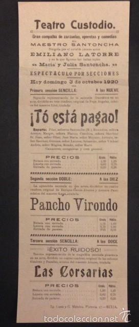 Facturas antiguas: TEATRO CUSTODIO, PROGRAMA DE MANO, T&Oacute; ESTA PAGAO 1920 - Foto 1