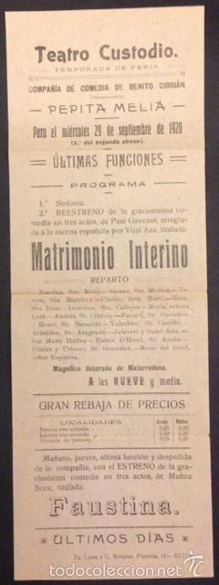 Facturas antiguas: TEATRO CUSTODIO, PROGRAMA DE MANO, MATRIMONIO INTERINO 1920 - Foto 1
