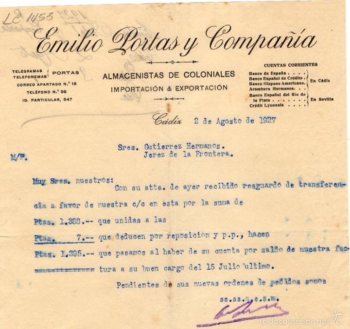 Old Invoices: FACTURA. EMILIO PORTAS Y COMPA&Ntilde;IA, ALMACENISTAS DE COLONIALES, CADIZ, 1927.