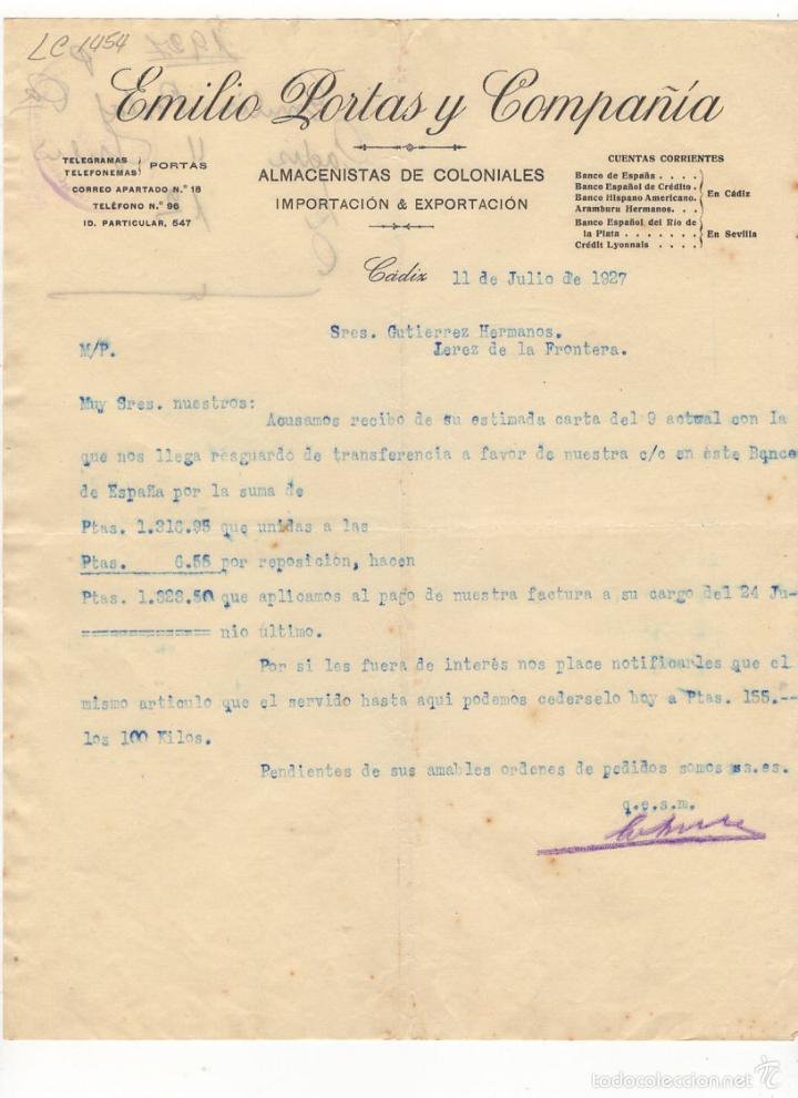 Old Invoices: FACTURA. EMILIO PORTAS Y COMPA&Ntilde;IA, ALMACENISTAS DE COLONIALES, CADIZ, 1927.