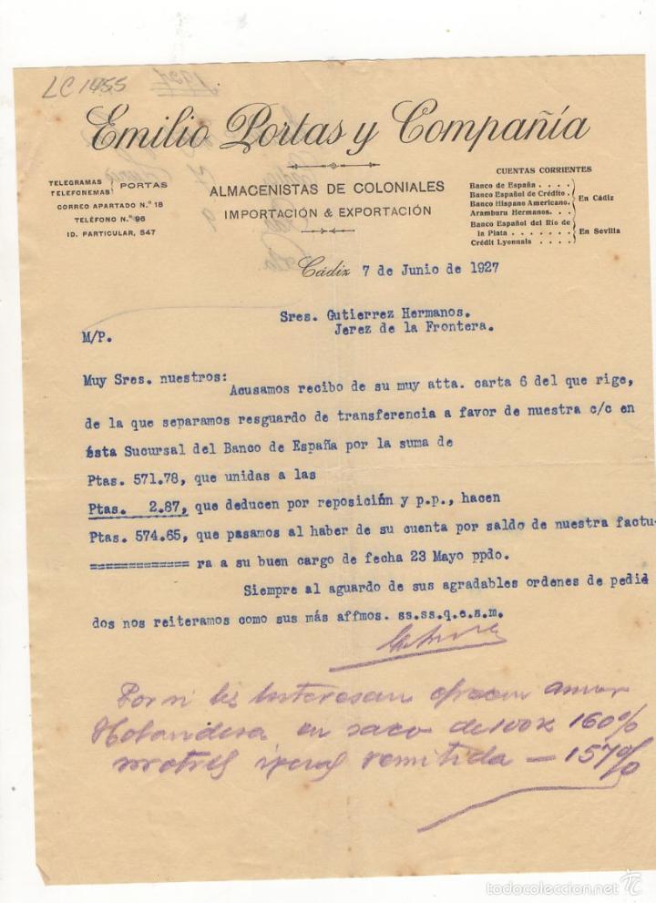 Old Invoices: FACTURA. EMILIO PORTAS Y COMPA&Ntilde;IA, ALMACENISTAS DE COLONIALES, CADIZ, 1927.