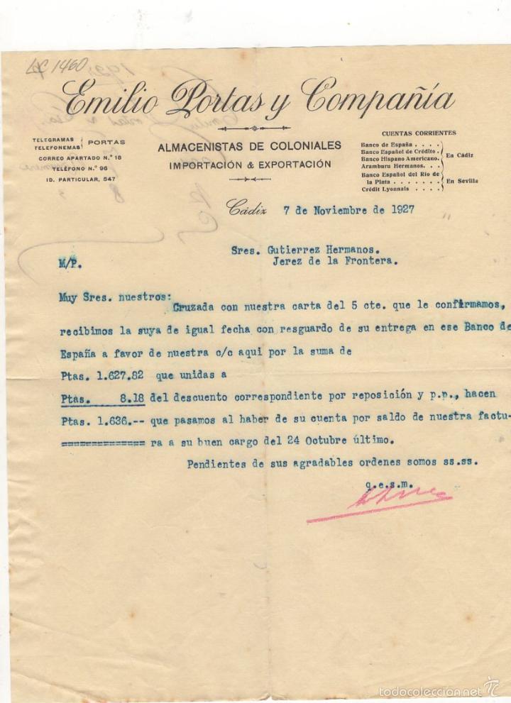 Alte Rechnungen: FACTURA. EMILIO PORTAS Y COMPA&Ntilde;IA, ALMACENISTAS DE COLONIALES, CADIZ, 1927.