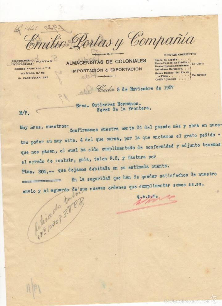 Alte Rechnungen: FACTURA. EMILIO PORTAS Y COMPA&Ntilde;IA, ALMACENISTAS DE COLONIALES, CADIZ, 1927.