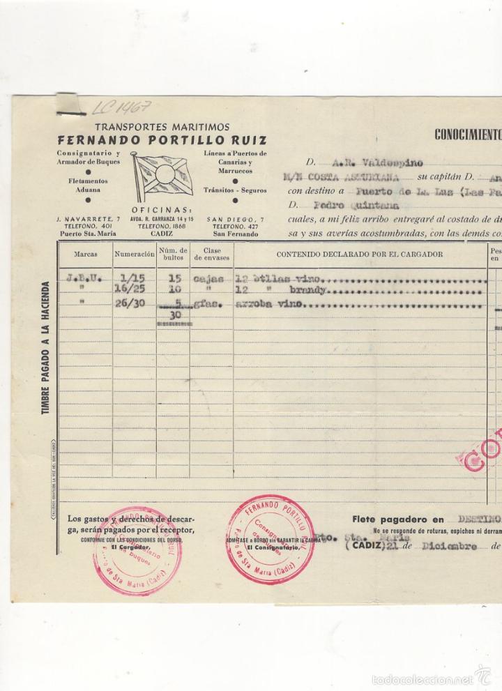 Alte Rechnungen: FACTURA. FERNANDO PORTILLO RUIZ, TRANSPORTES MARITIMOS, CADIZ,  1949.