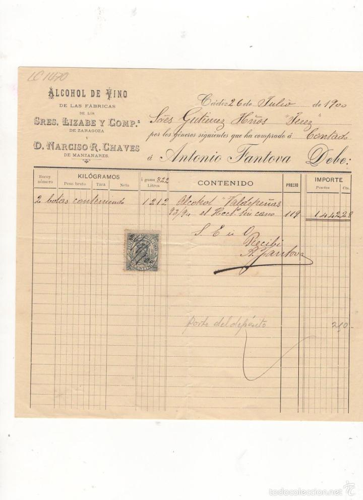 Factures anciennes: FACTURA. ANTONIO FANTOVA, ALCOHOL DE VINO, CADIZ, 1900.