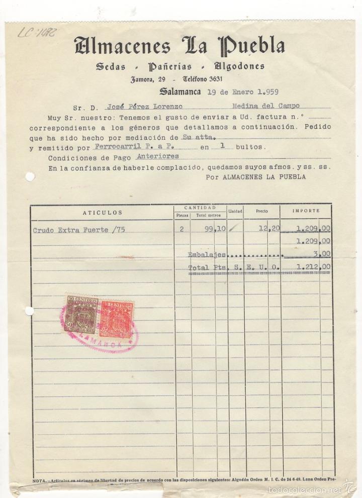 Factures anciennes: FACTURA. ALMACENES LA PUEBLA, SEDAS, PA&Ntilde;ERIAS, ALGODONES, SALAMANCA, 1959.